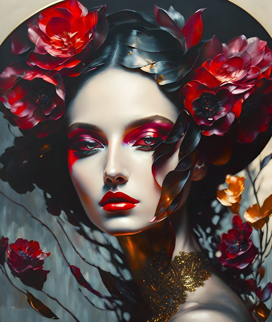 Digital artwork featuring woman with red blossoms in hair, striking makeup, golden necklace, autumnal backdrop