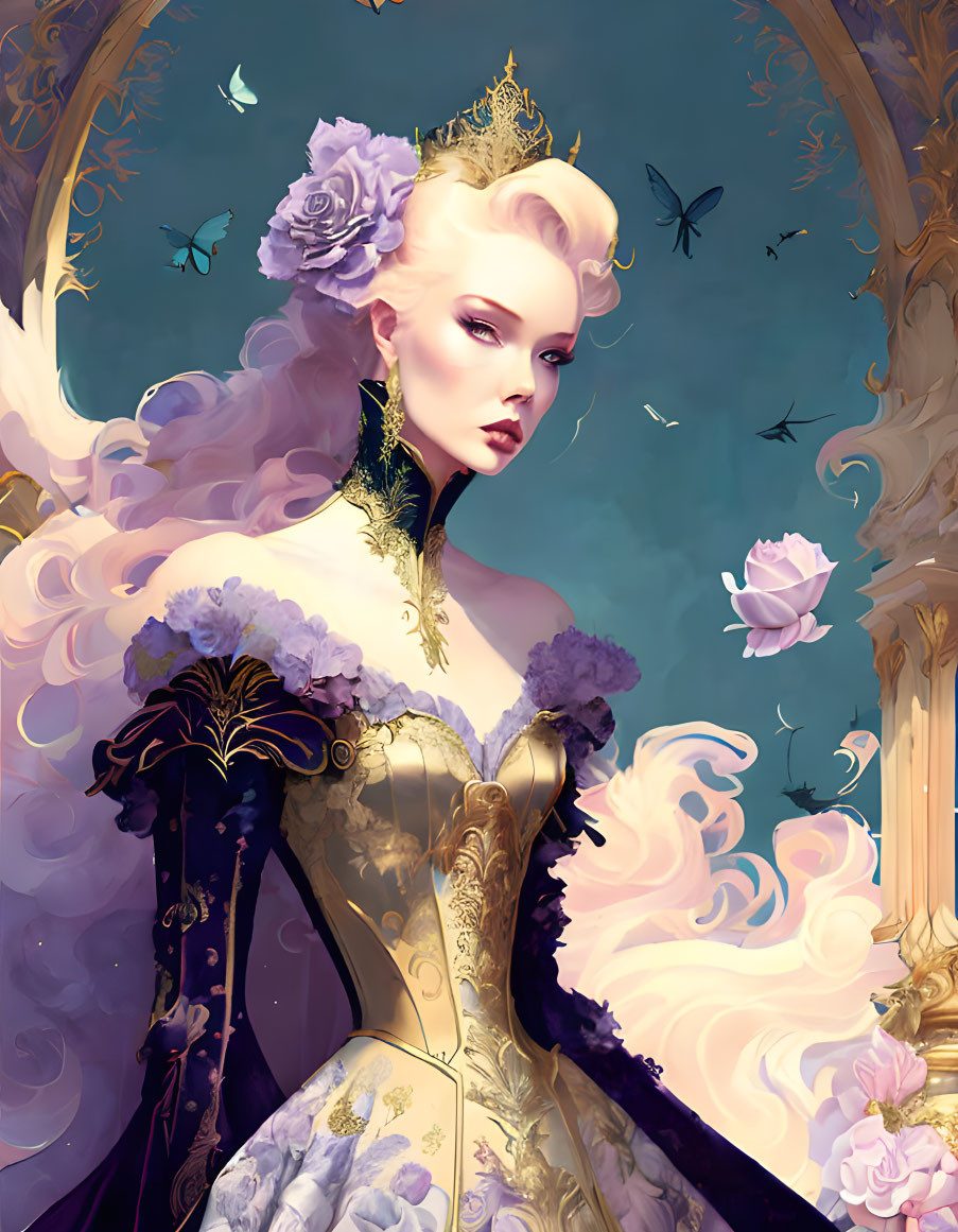 Regal woman with pale skin in gold and purple gown and butterflies