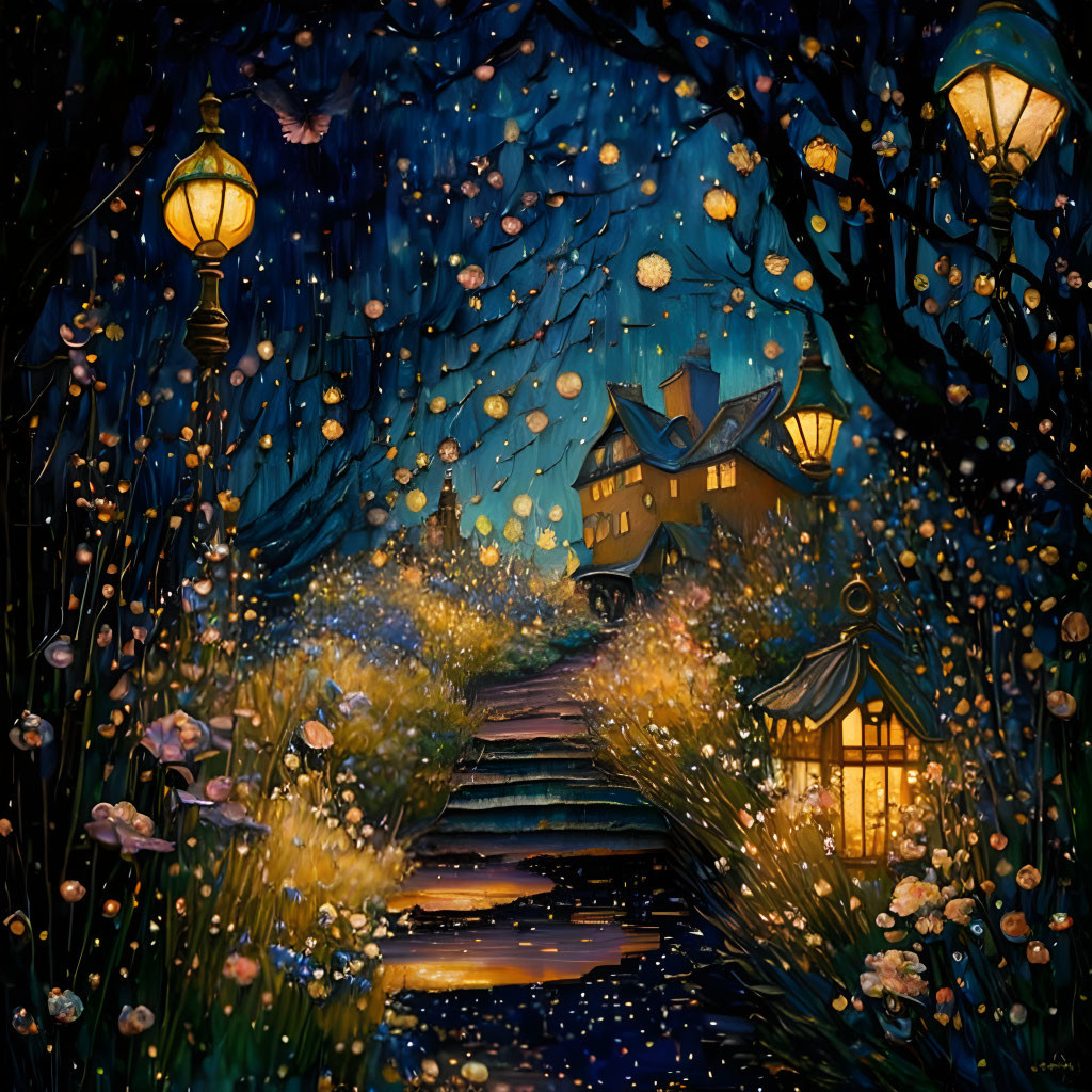 Starry night scene with glowing lanterns, warm house, and fireflies