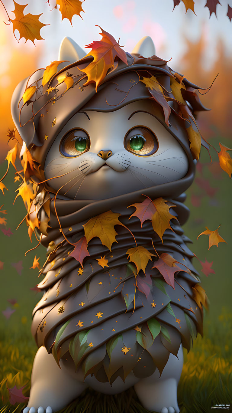 Animated cat in scarf surrounded by autumn leaves on sunny field