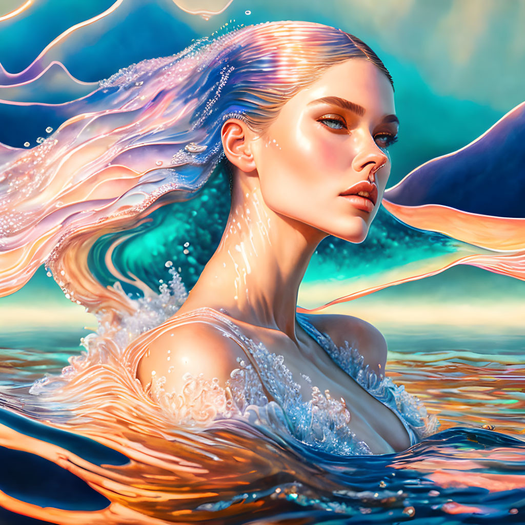 Mystical woman with flowing hair merging with tranquil water in vibrant digital art