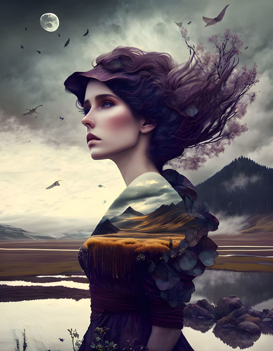 Surreal portrait of woman blending into dreamy landscape