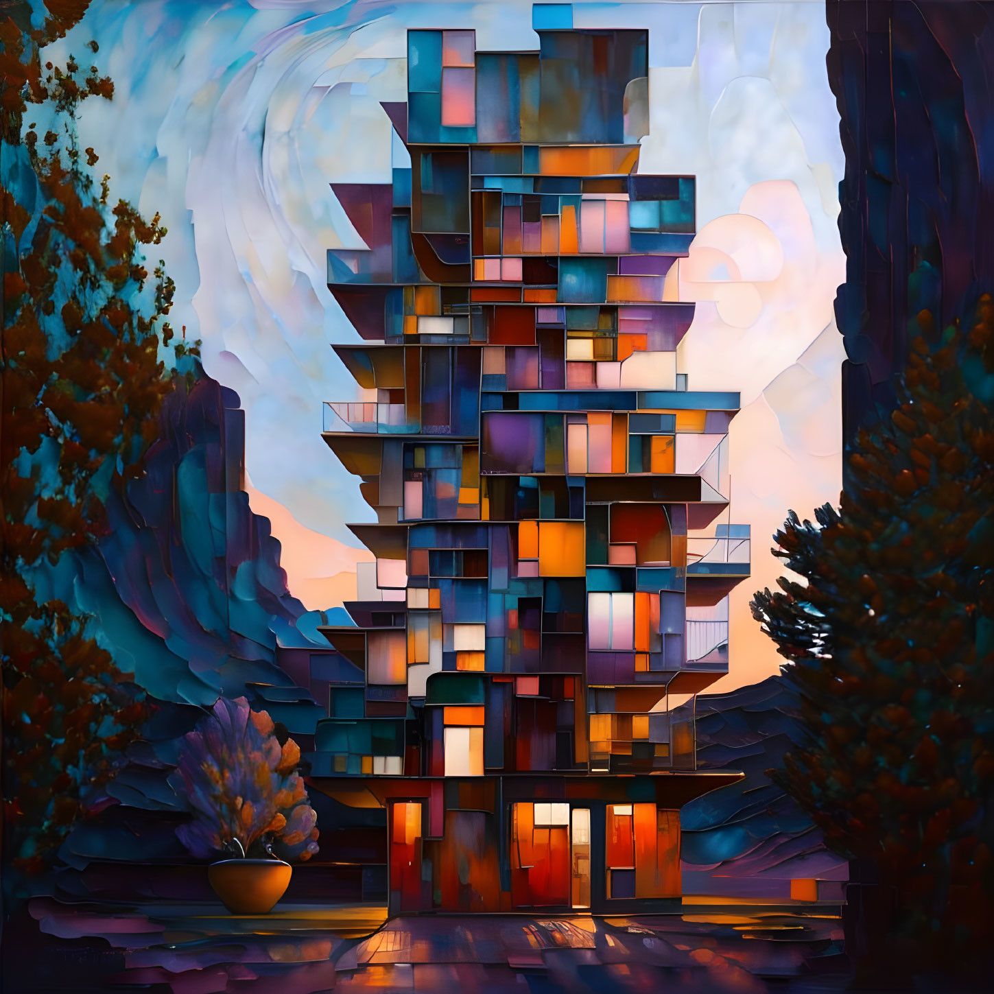 Vibrant sunset painting of modern building with geometric patterns