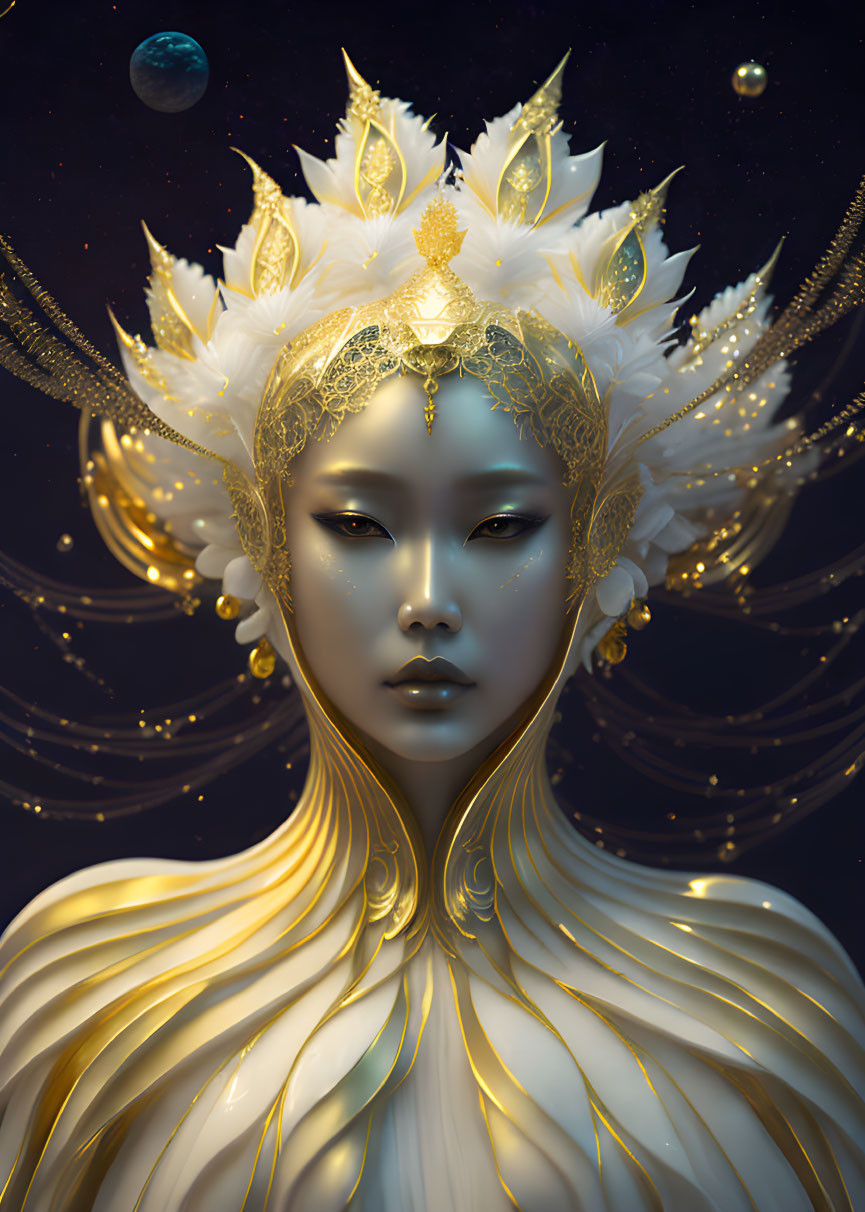 Celestial being with pale skin and golden eyes in ornate headdress against starry backdrop