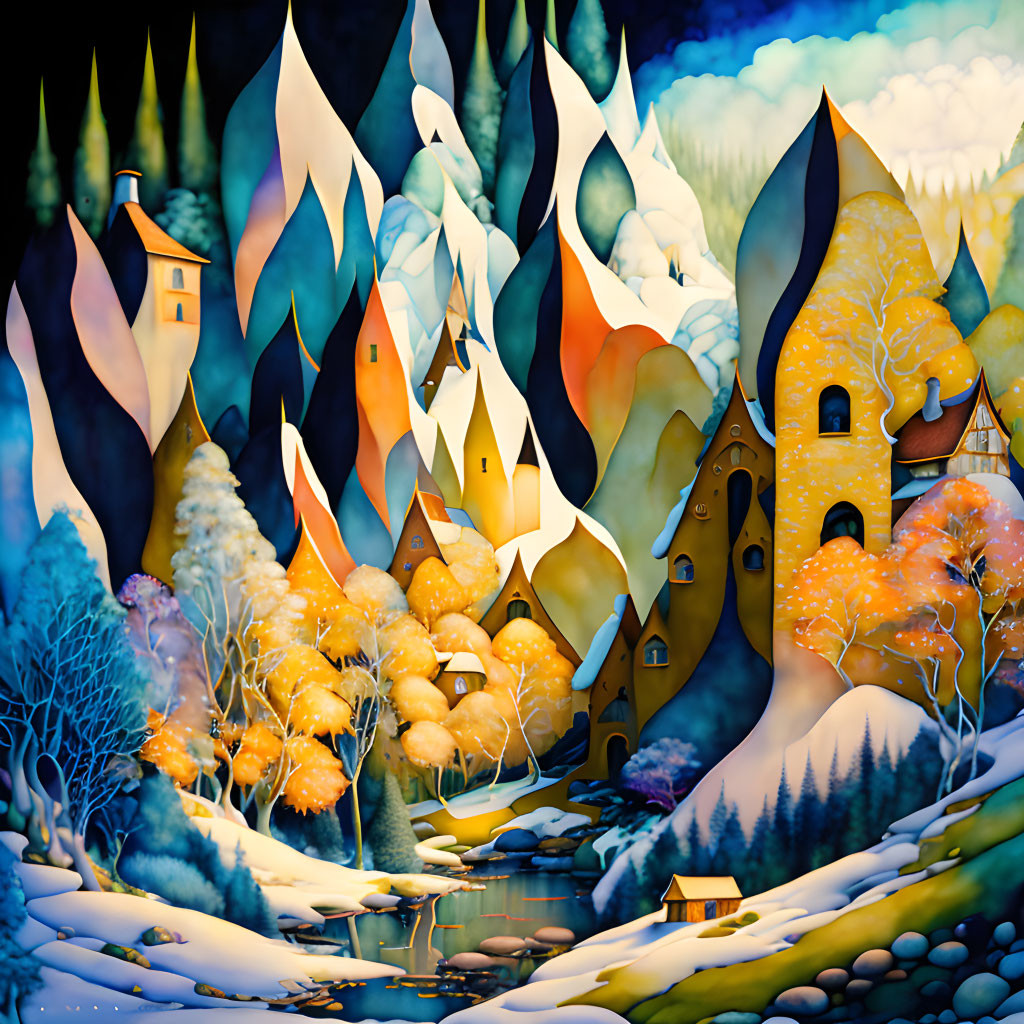 Colorful Stylized Landscape of Whimsical Forest and Fantastical Buildings