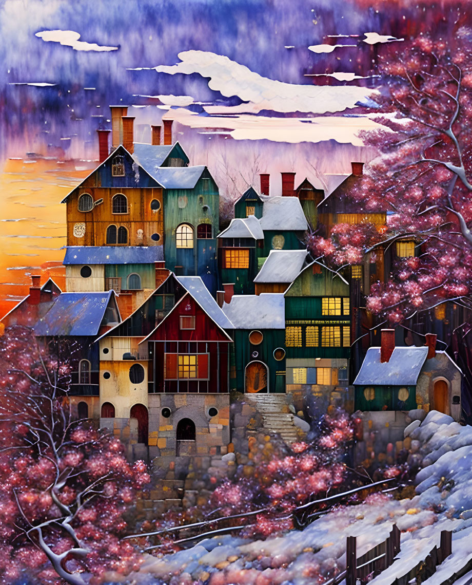 Colorful village scene with shifting sky and snow-covered trees