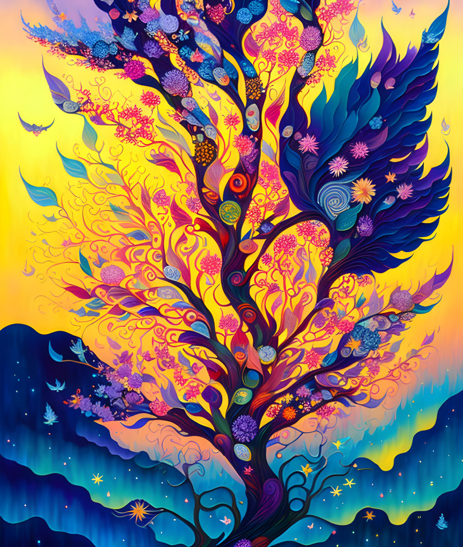 Colorful Whimsical Tree with Wing-Like Branches and Birds