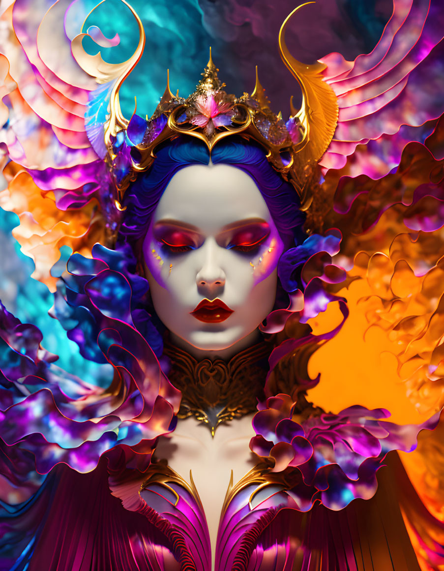 Fantasy queen with gold and blue headgear and fiery shoulder details