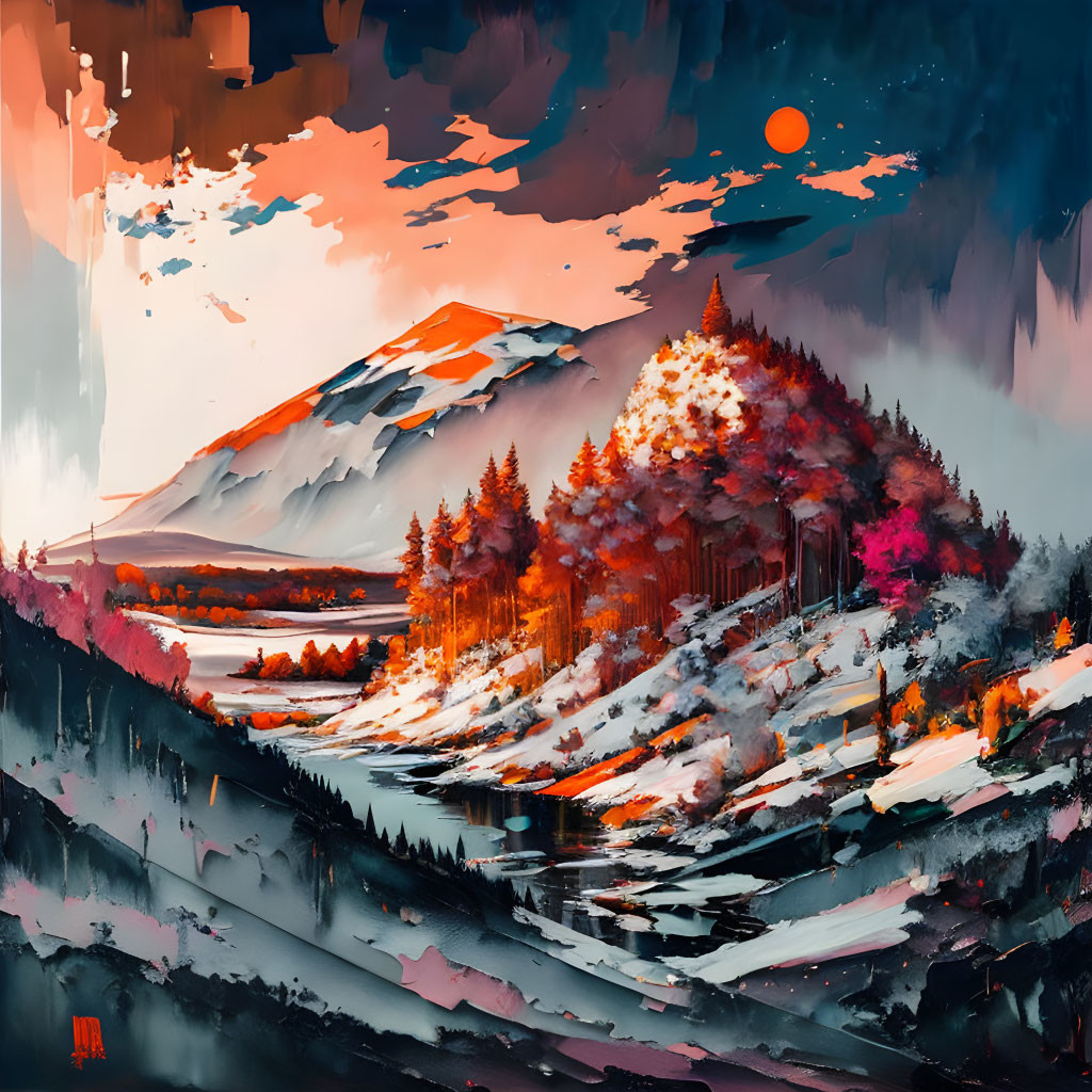 Snow-capped Mountain Sunset Landscape with River and Autumn Forests