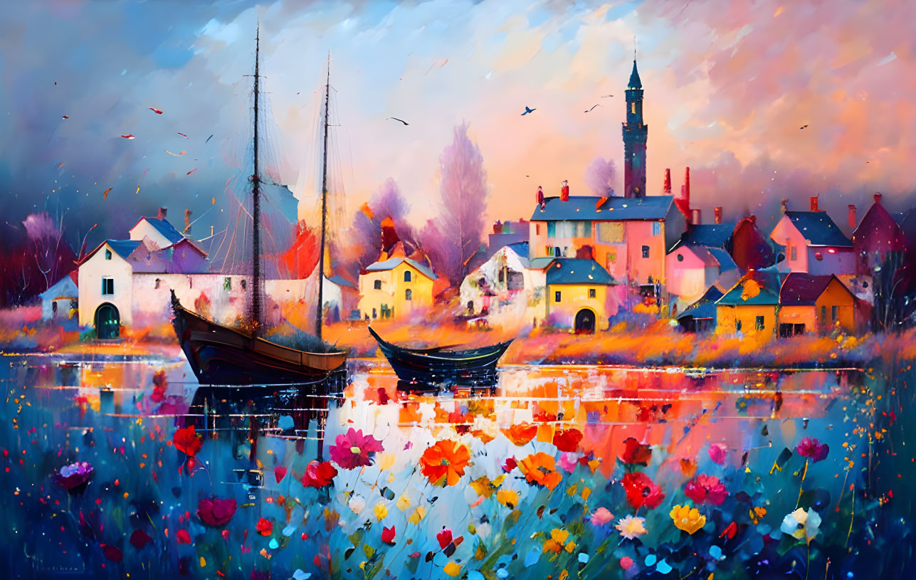 Coastal village painting with boats, flowers, buildings, and birds