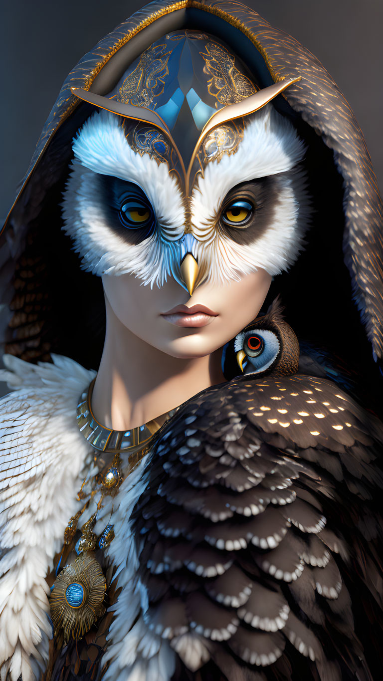 Digital artwork: Person with owl features, hood, jewelry, owl on shoulder