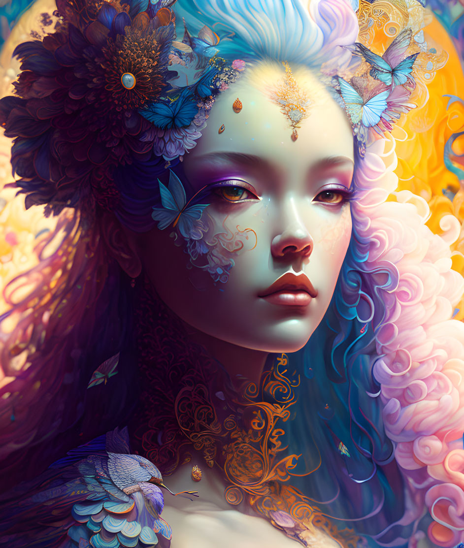 Pastel-colored hair and floral adornments in intricate fantasy portrait