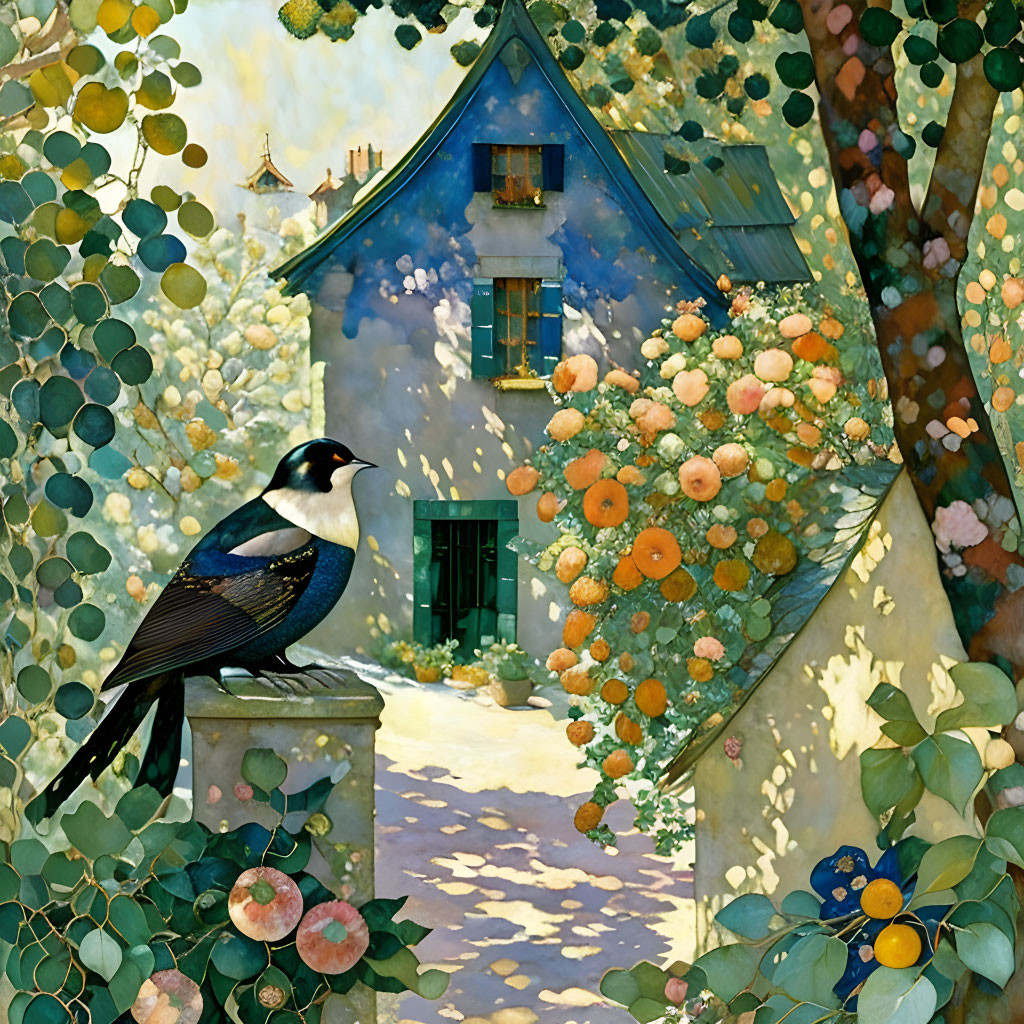 Whimsical painting of cozy blue house with lush vegetation and detailed bird.