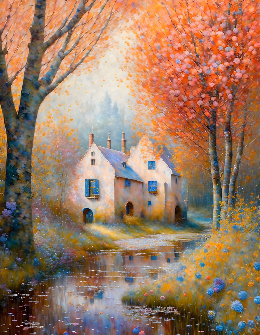 Tranquil autumn cottage by misty pond