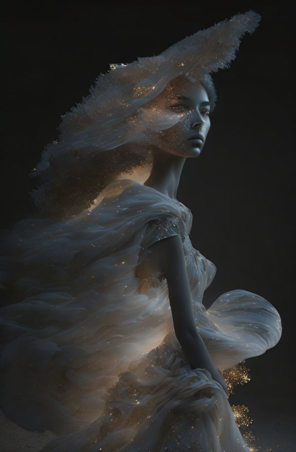 Mystical figure in radiant white gown with crystalline headpiece