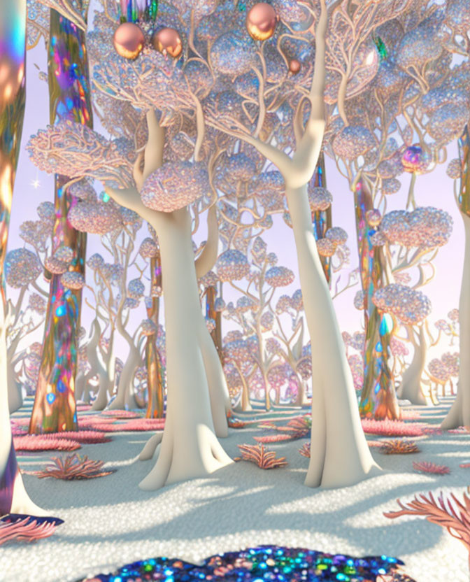 Surreal forest with white trees, colorful foliage, and mosaic ground