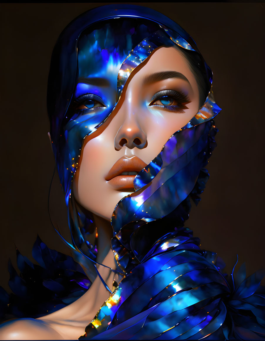 Digital portrait of a person with blue scales and feathers, resembling a majestic bird