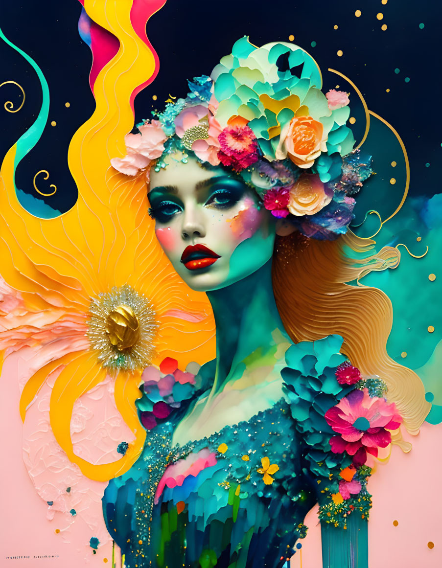 Colorful digital artwork of woman with floral elements on multicolored background