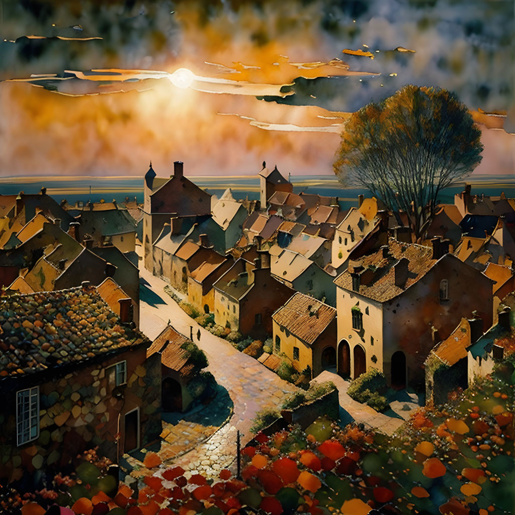 Picturesque village scene: warm sunset hues, cobblestone paths, trees, long shadows, dramatic