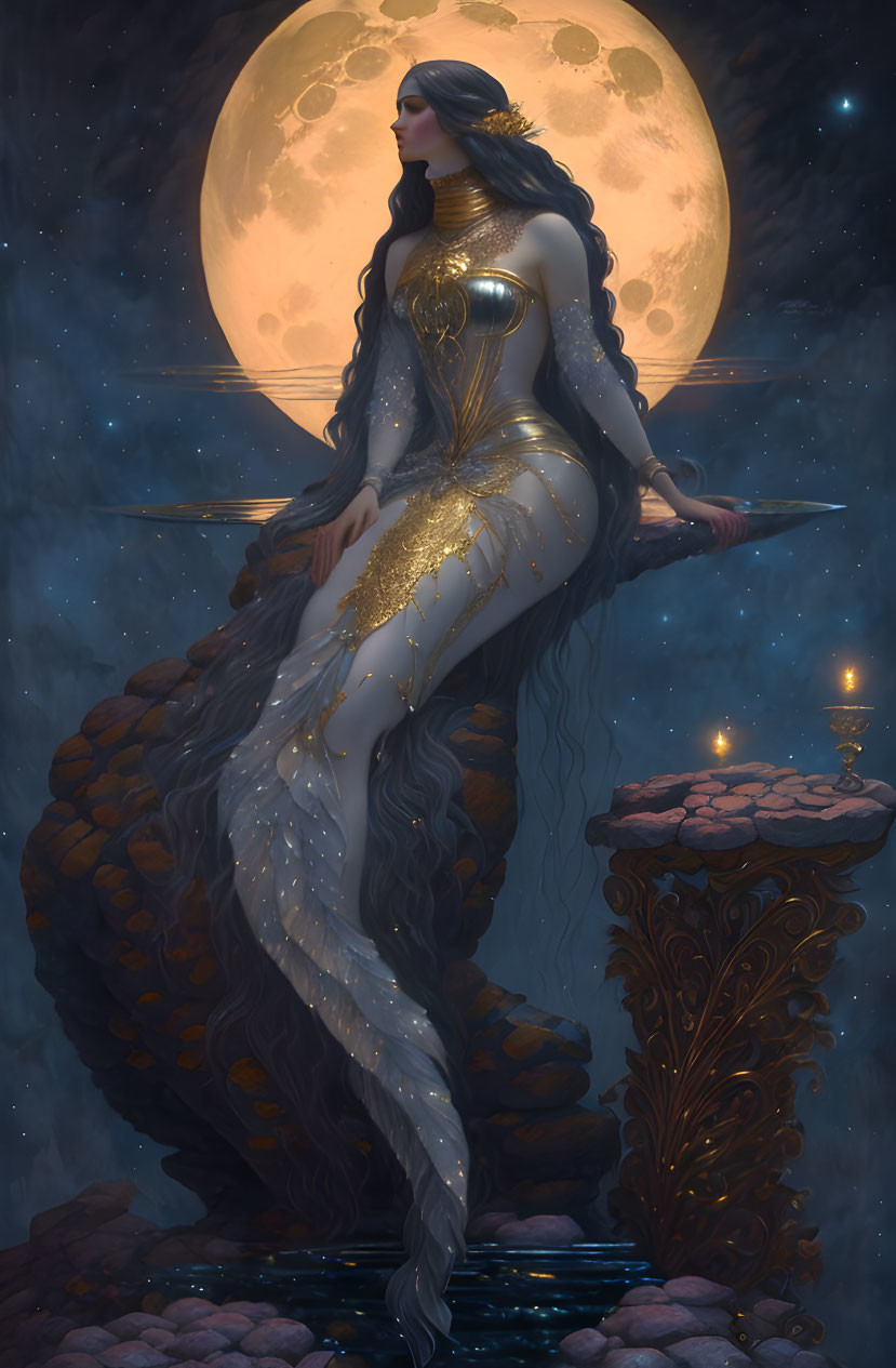 Mystical woman in golden armor under moonlit sky