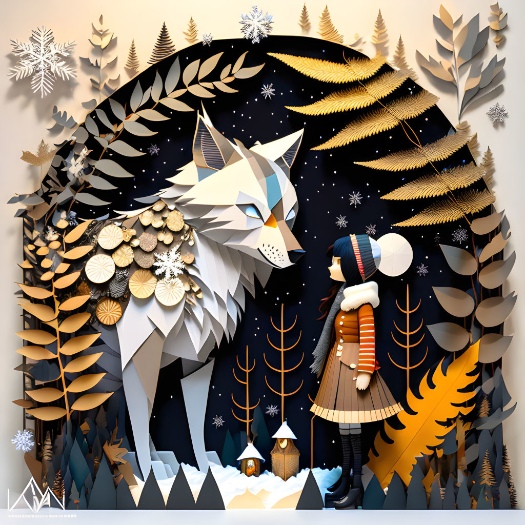 Paper art scene: White wolf and person in stylized winter setting