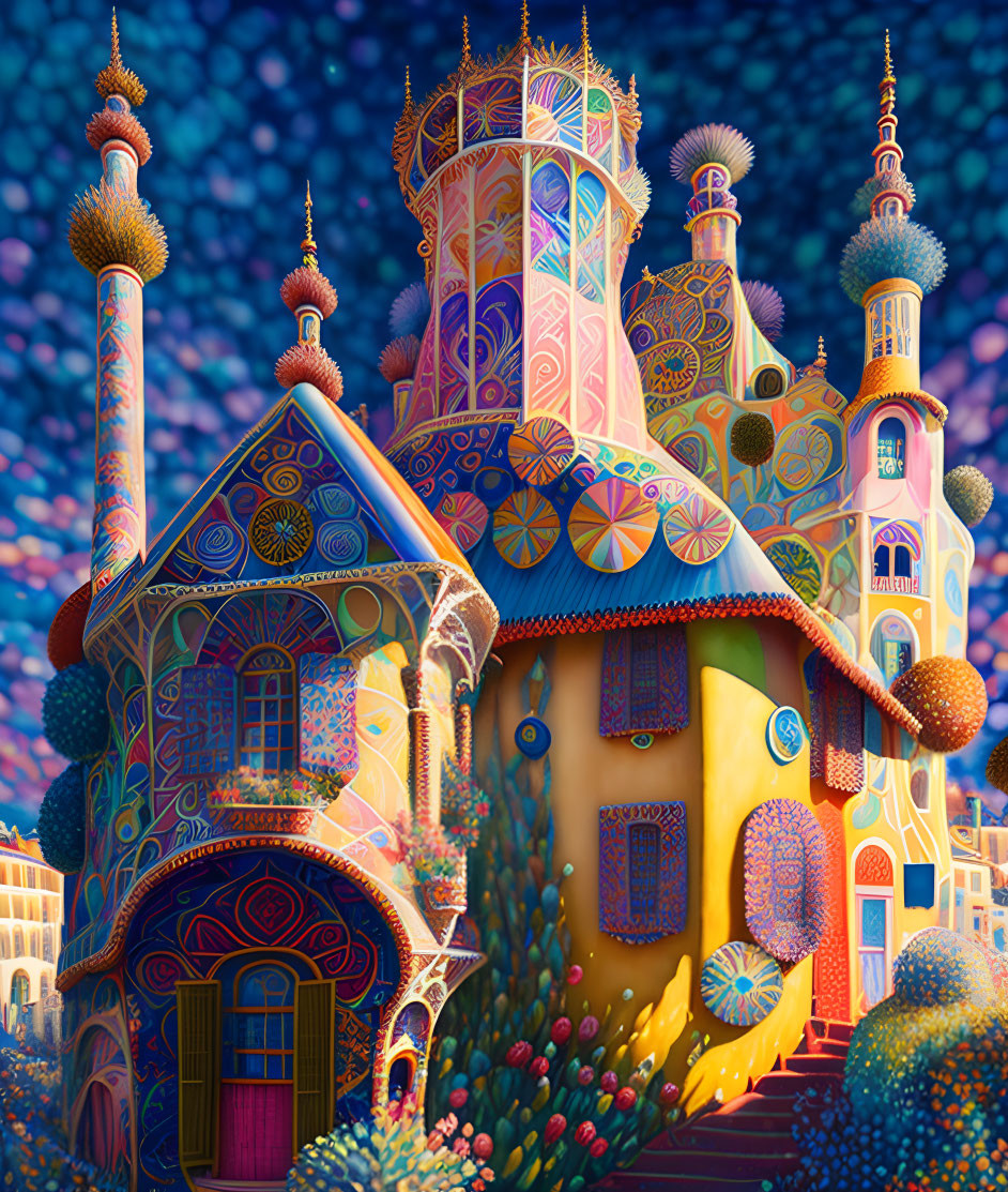 Colorful fantasy palace illustration with intricate patterns and spires