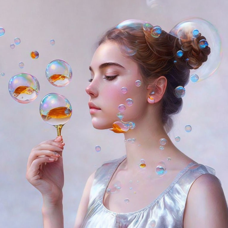 Young woman with bun hairstyle admiring soap bubbles in pastel setting