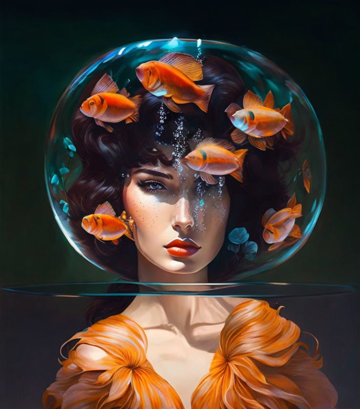 Surreal portrait of woman with goldfish in transparent helmet