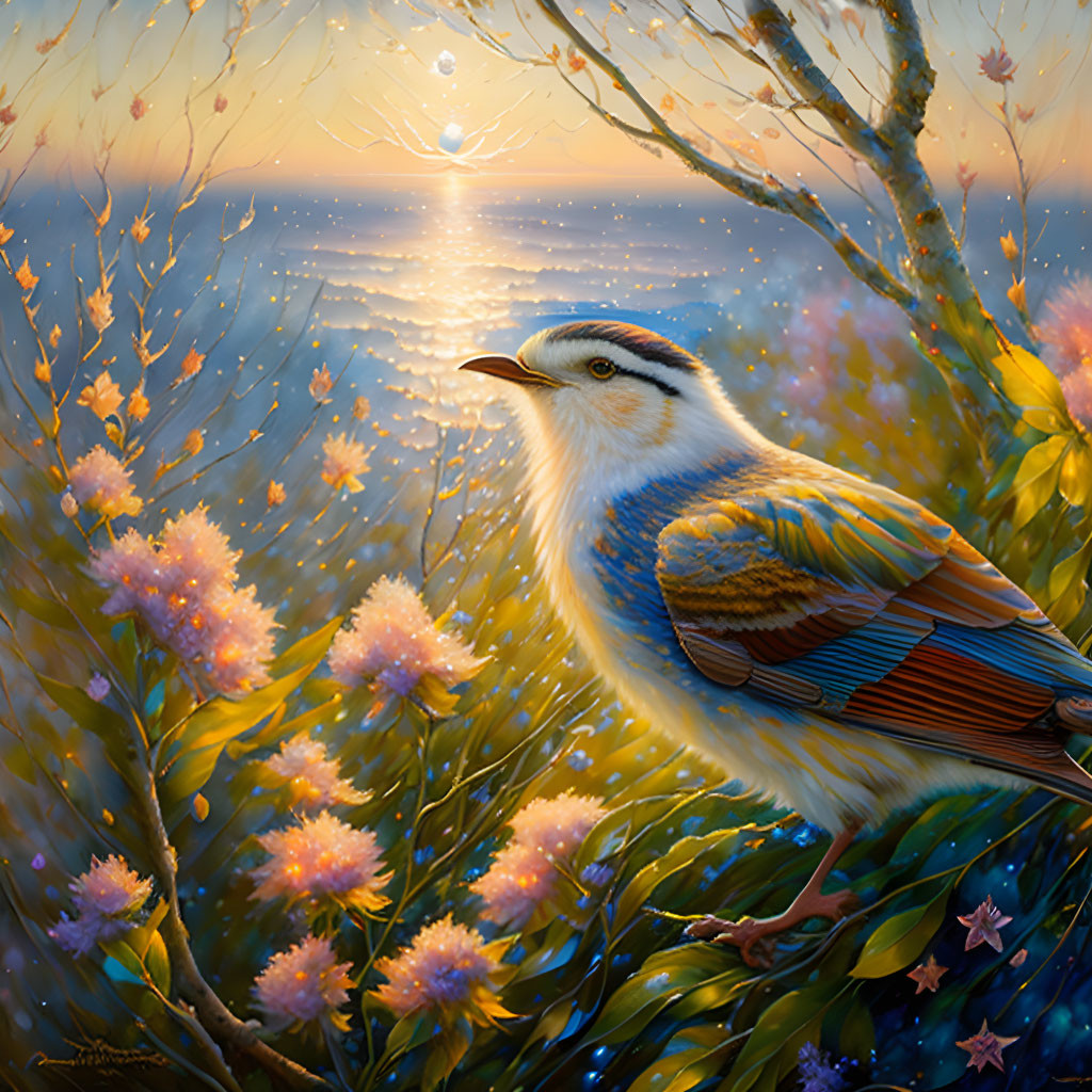 Colorful Bird Painting on Branch with Pink Flowers and Sunset Sea