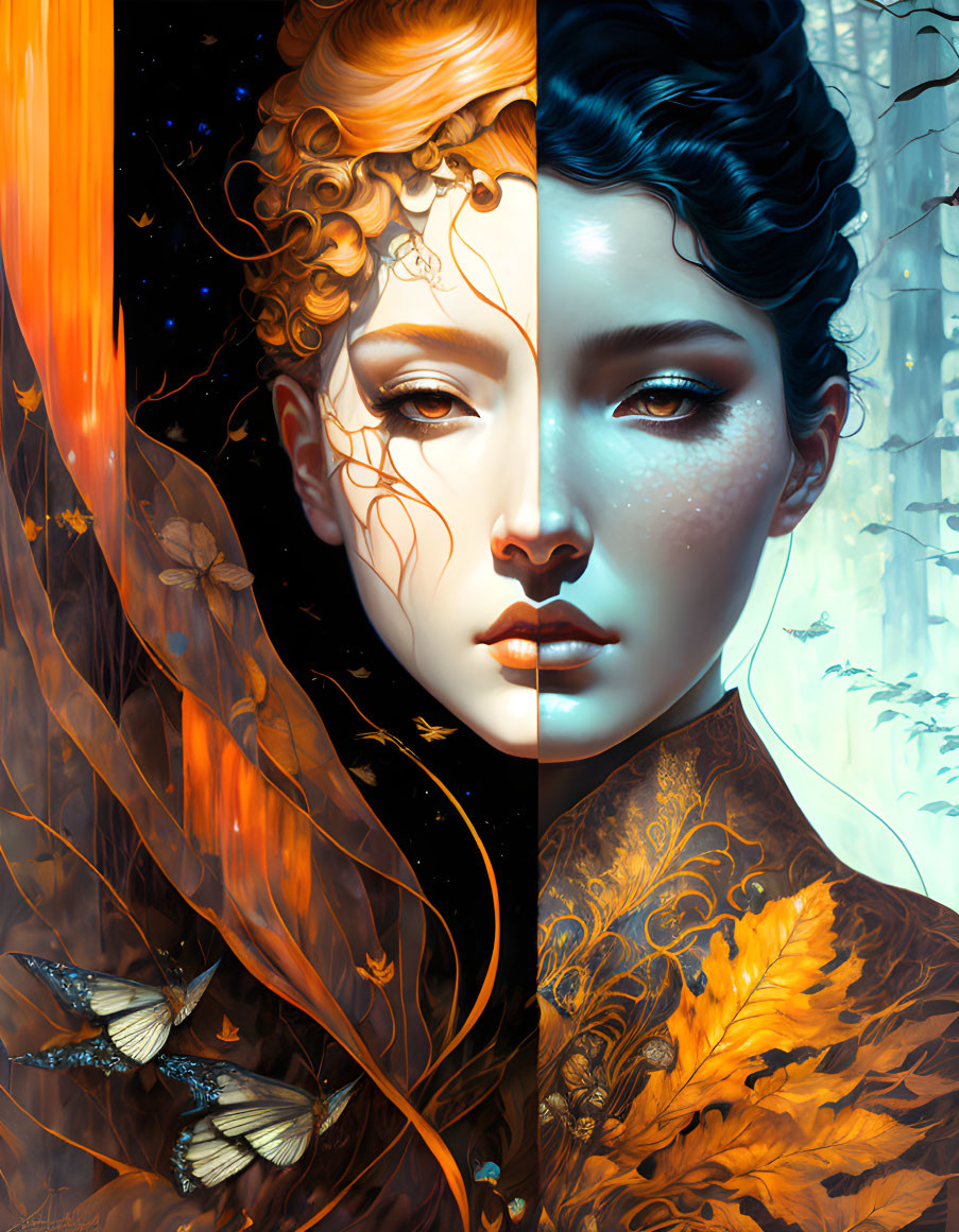 Split Portrait of Two Ethereal Women: Fiery Orange vs. Cool Blue Hues