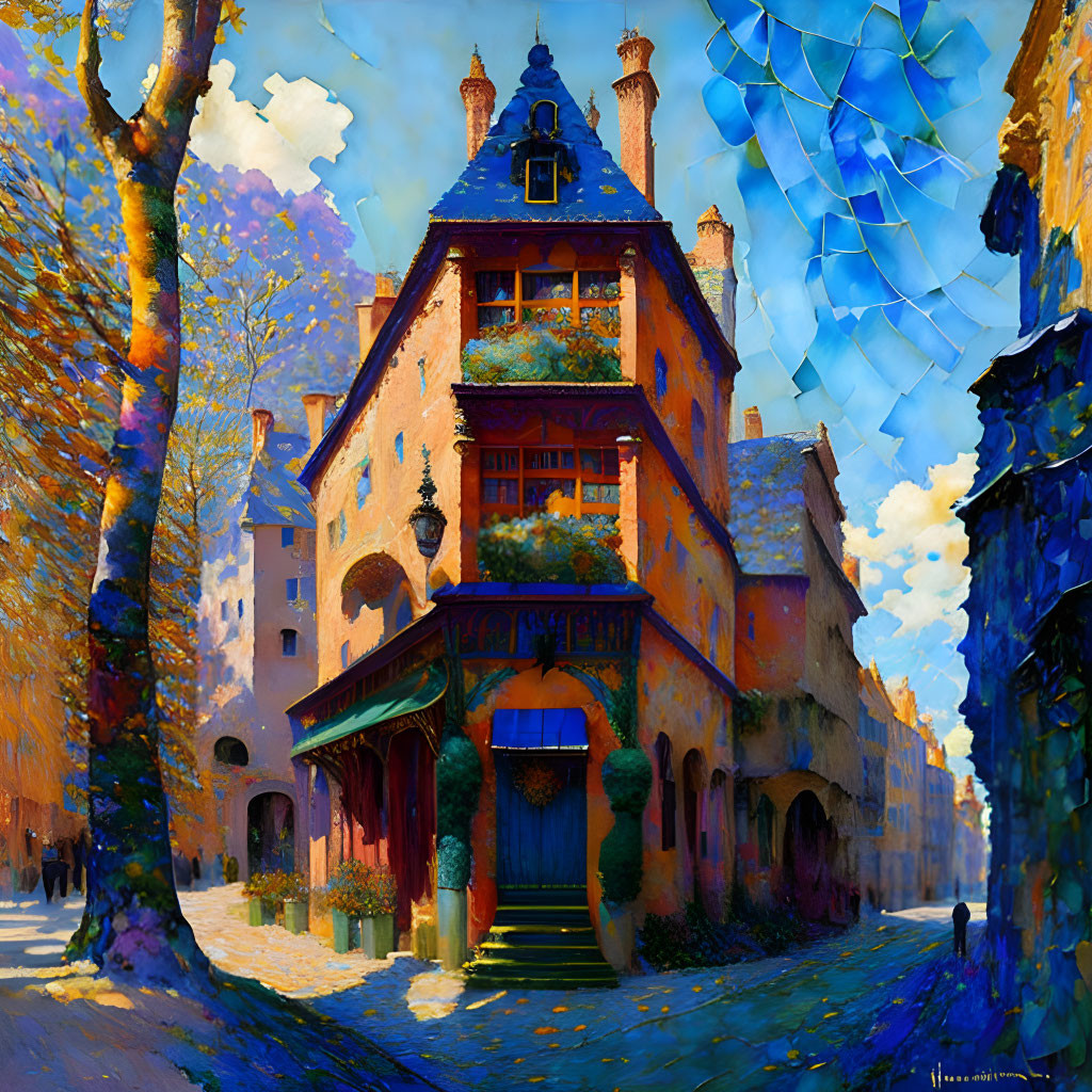 Whimsical building with turret in vibrant painting