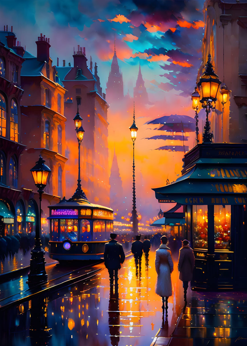 Vibrant dusk street scene with silhouettes, tram, street lamps, sky reflections, vintage