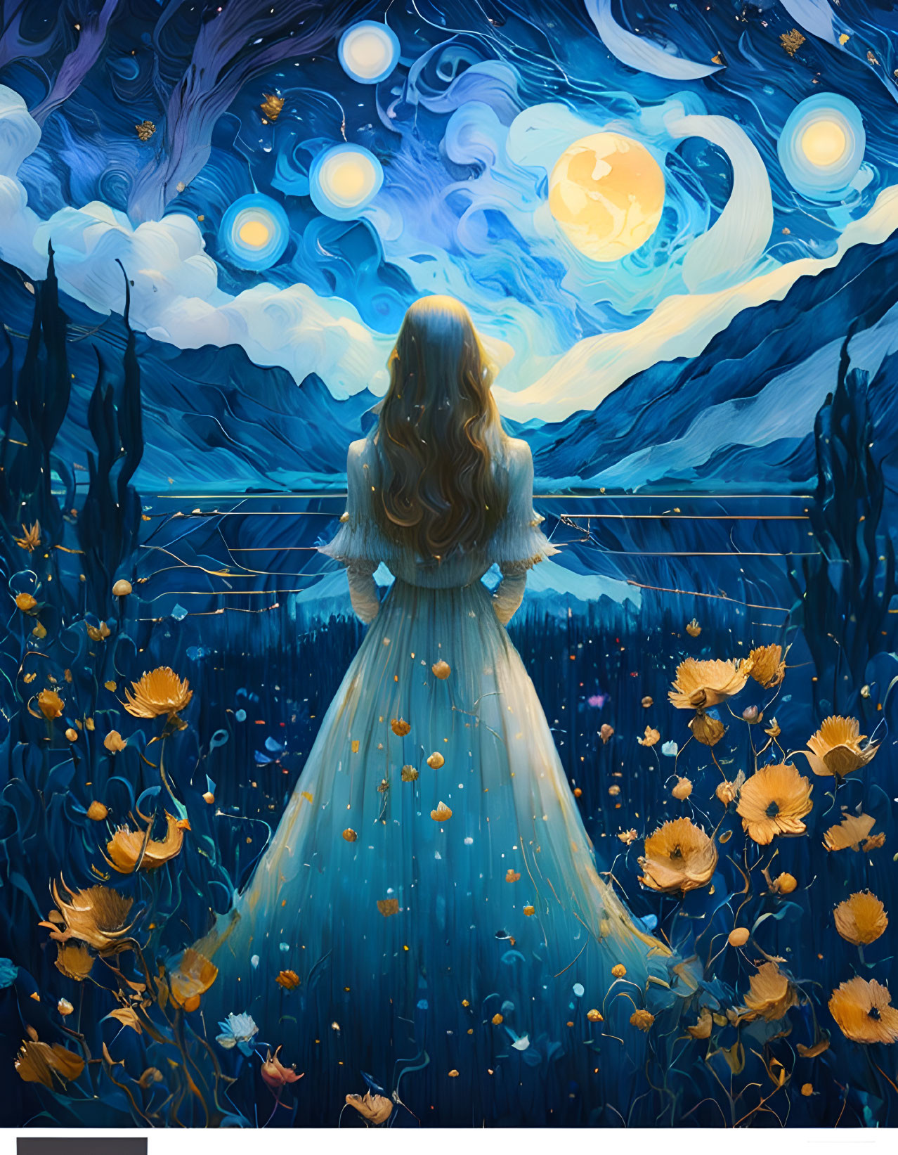 Woman in Blue Dress Surrounded by Multiple Moons and Glowing Flowers