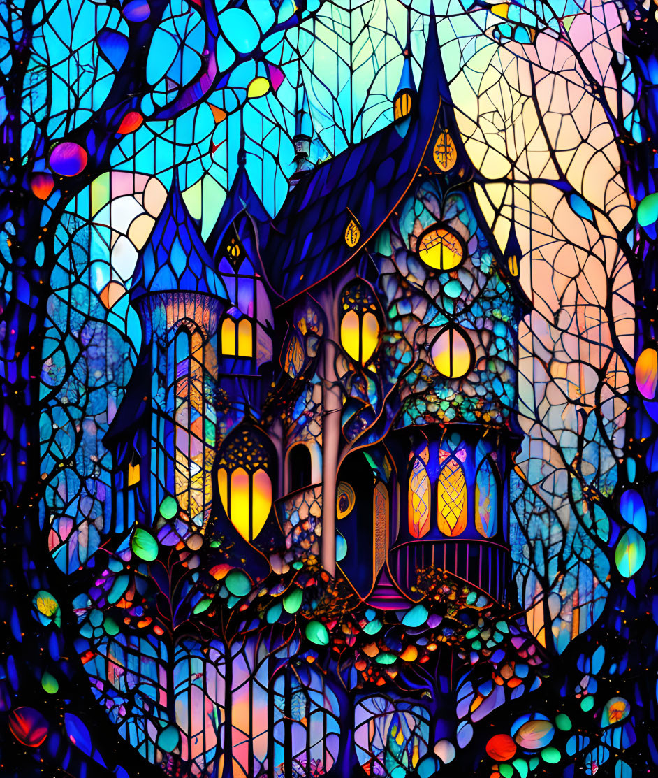 Vibrant stained-glass style illustration of whimsical house and trees at twilight