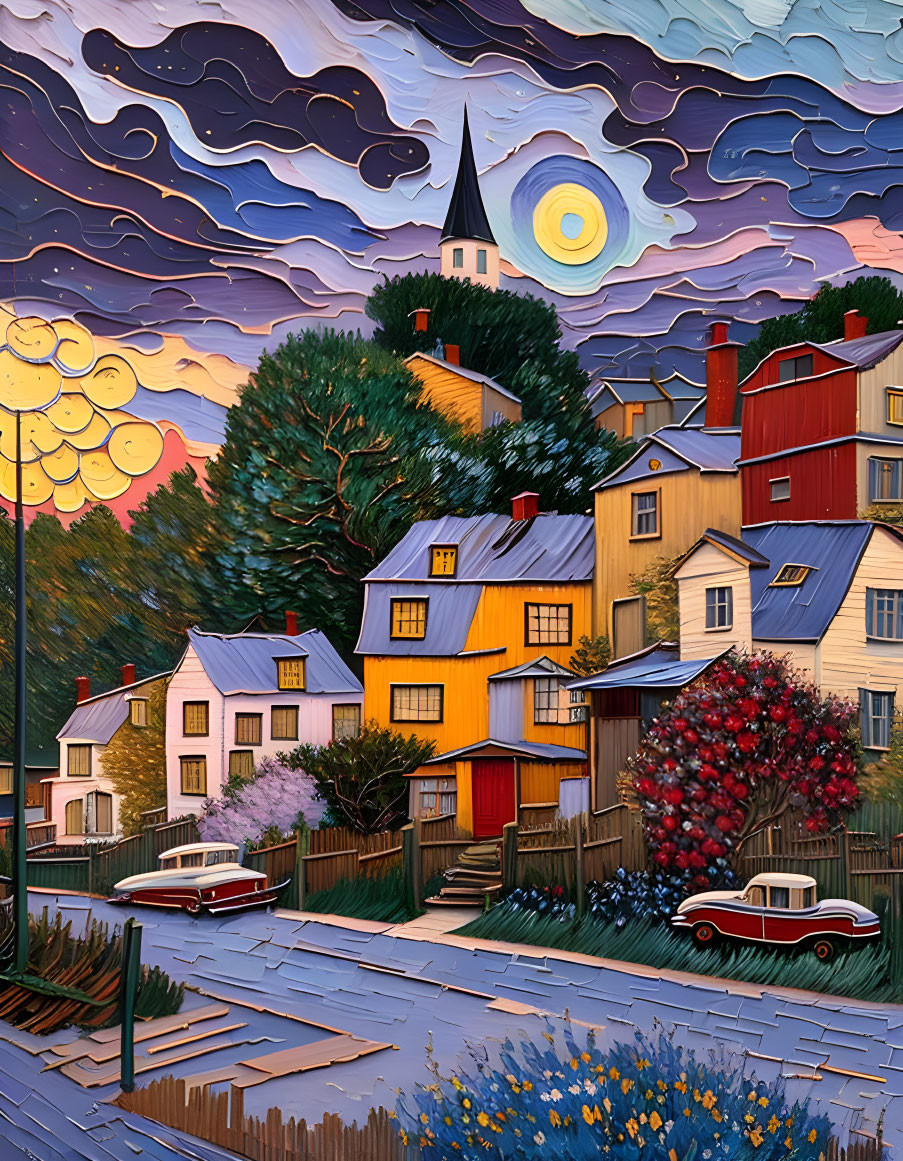 Colorful village painting with vintage cars, church spire, and crescent moon