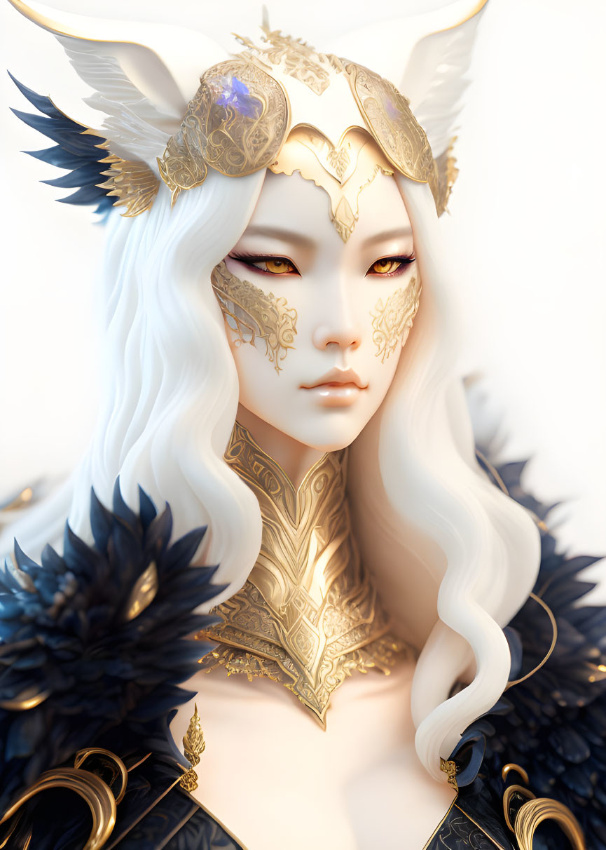 Fantastical female character with white hair, feline features, golden headgear, blue eyes,