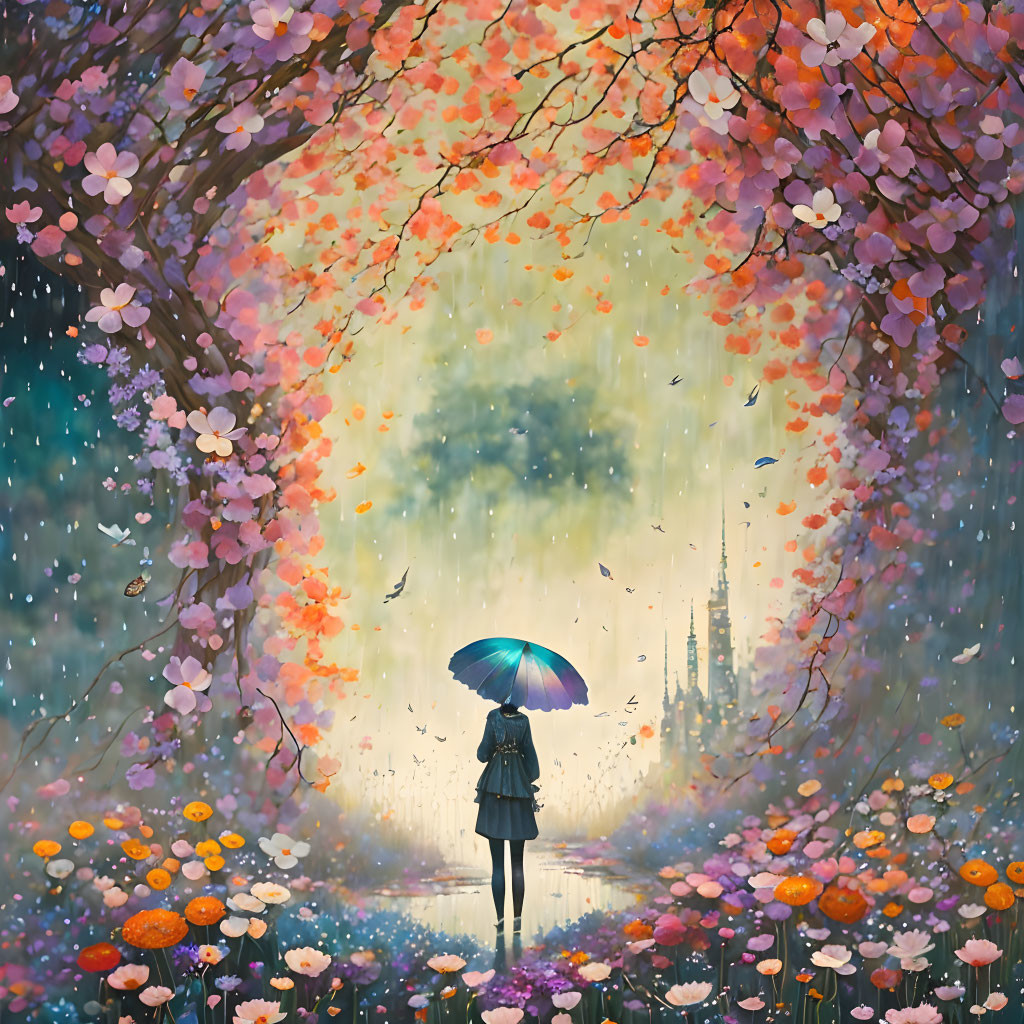 Person with umbrella on path surrounded by vibrant flowers and pink leaves