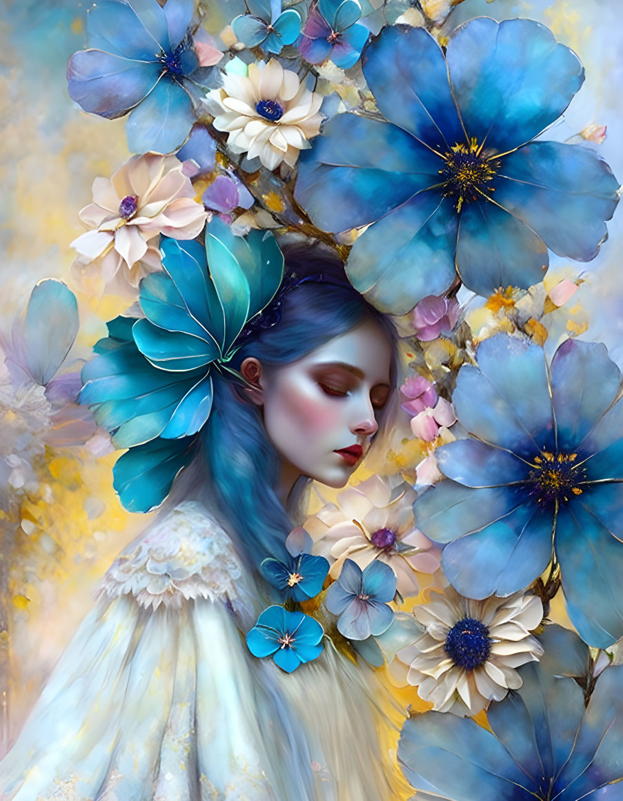 Blue-haired woman merges with oversized blue flowers and soft yellow accents