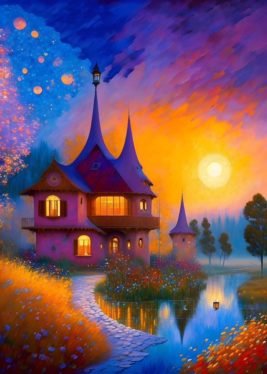 Whimsical fairytale cottage painting at sunset by a serene lake