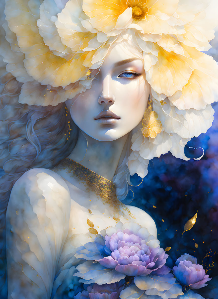 Surreal portrait of woman with golden floral headdress and blue skin