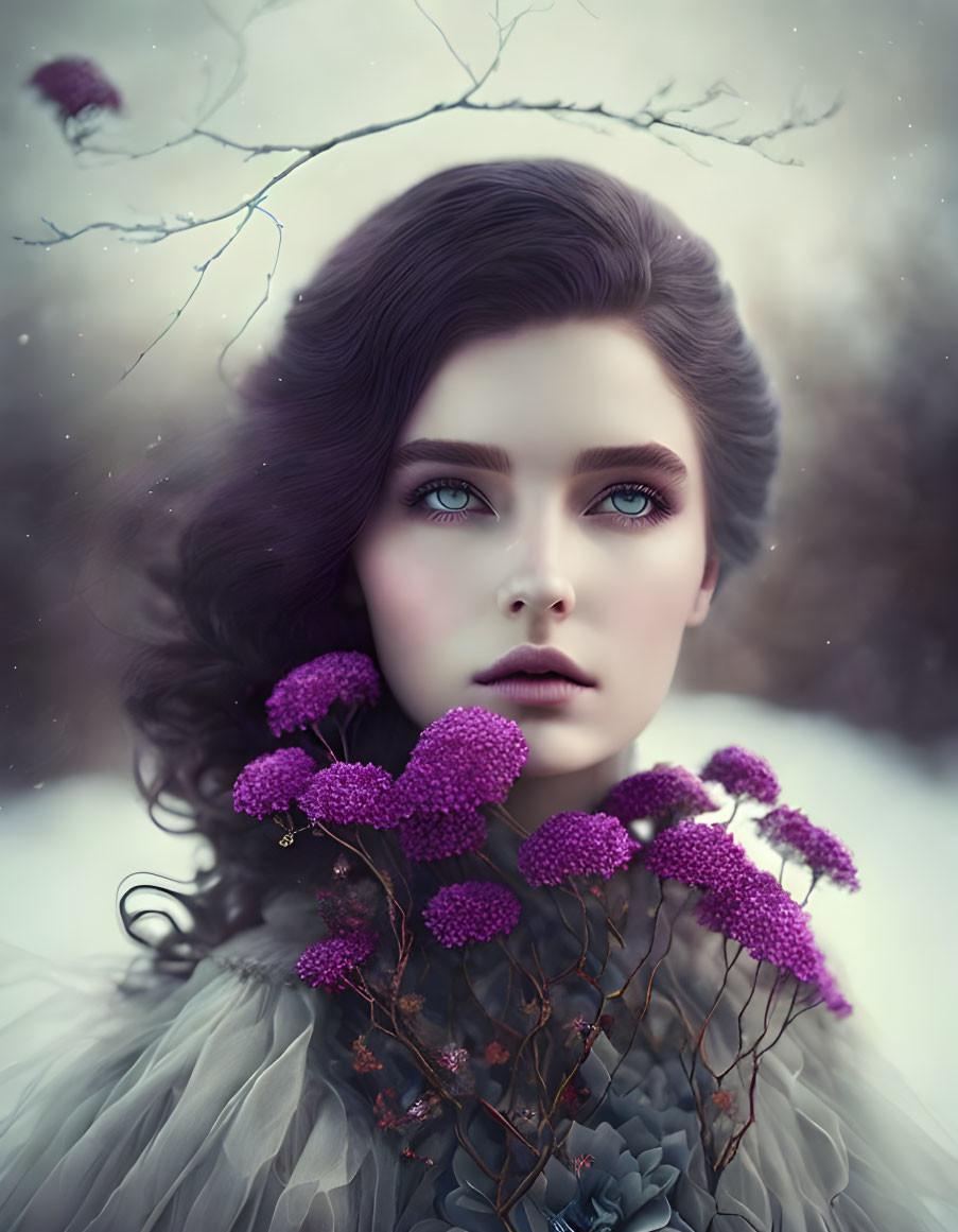 Portrait of woman with blue eyes, dark hair, snowy backdrop, purple flowers