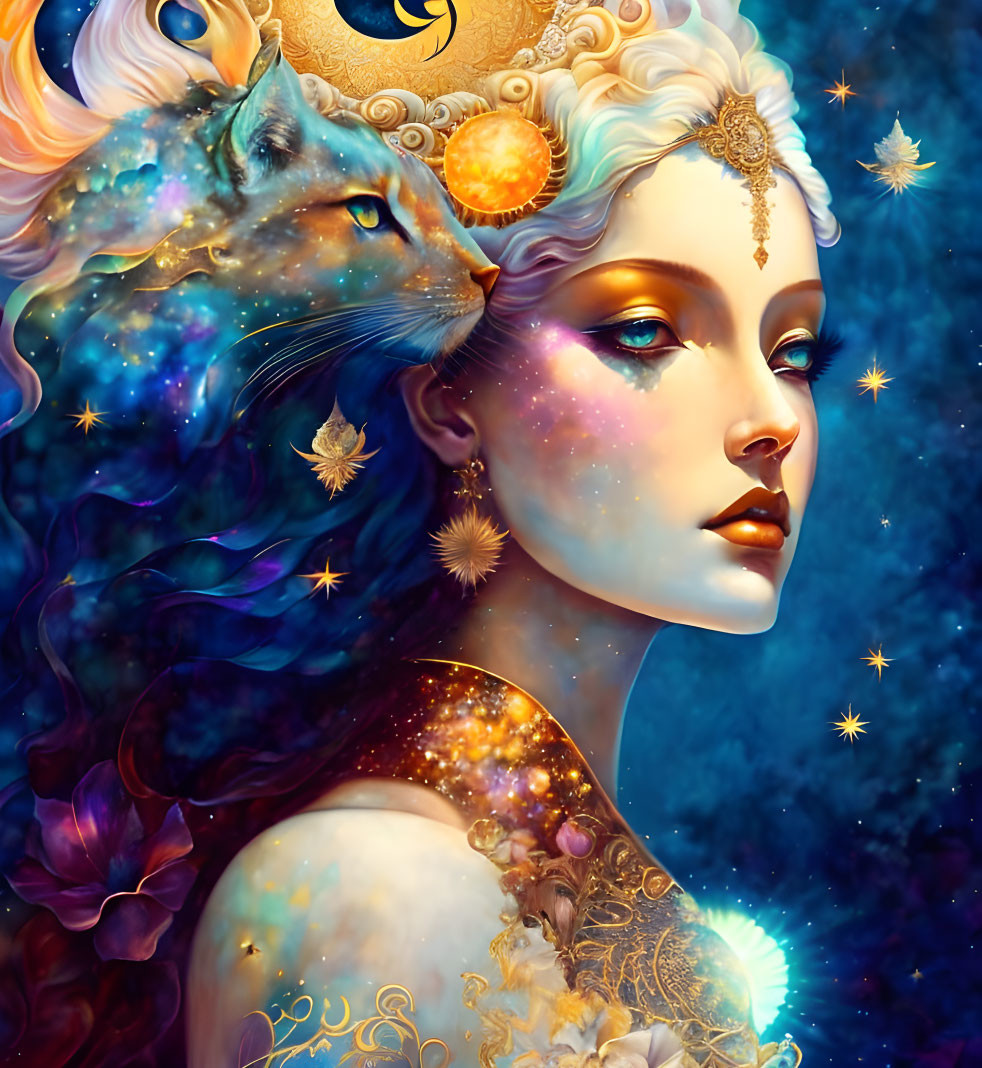 Woman fused with celestial lion in cosmic portrait