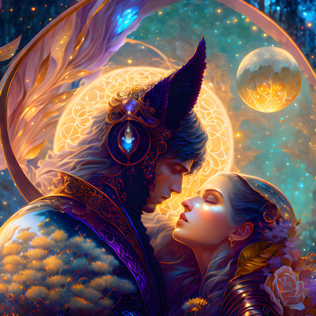 Fantasy illustration: Female elf and male character with wolf mask in mystical starlit scene.