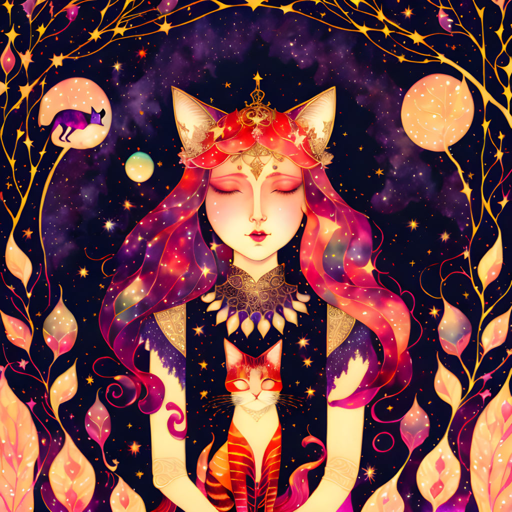 Detailed illustration of mystical cat-headed woman in celestial setting