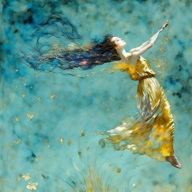 Woman floating in blue ethereal space with yellow dress and golden flowers