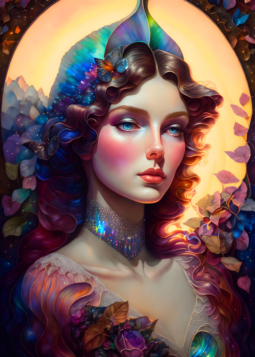 Colorful Illustration of Woman with Wavy Hair and Butterflies