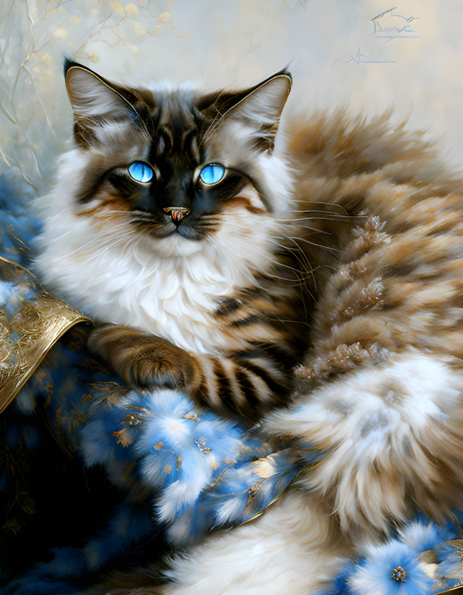 Fluffy Cat with Blue Eyes on Blue and Gold Fabric with Flowers