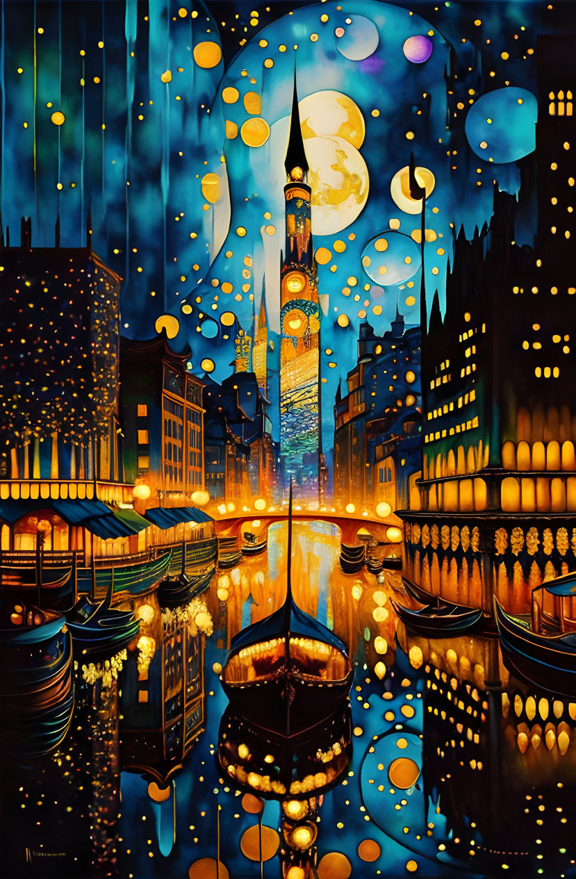 Surreal cityscape art: vibrant night scene with tower, orbs, boat