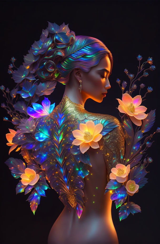 Iridescent hair and floral elements in digital portrait