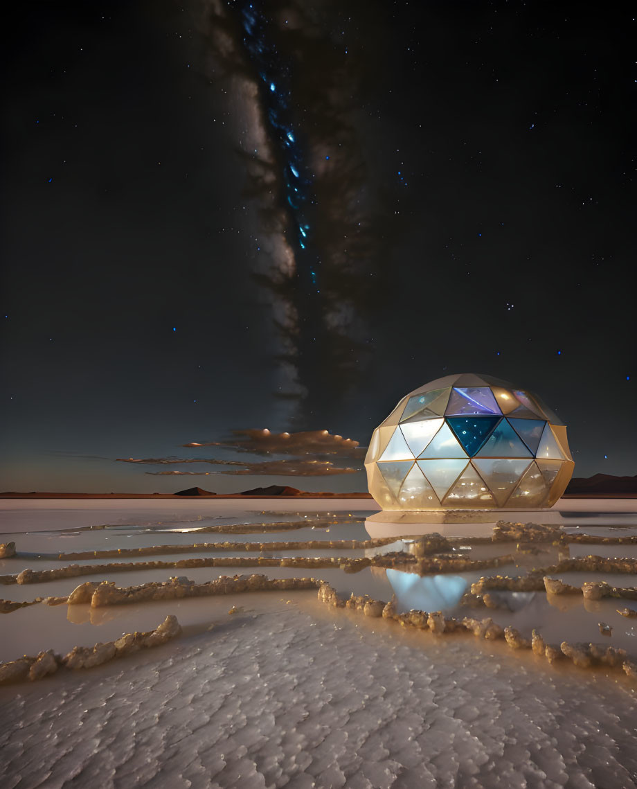 Futuristic dome structure on salt flat under starry sky